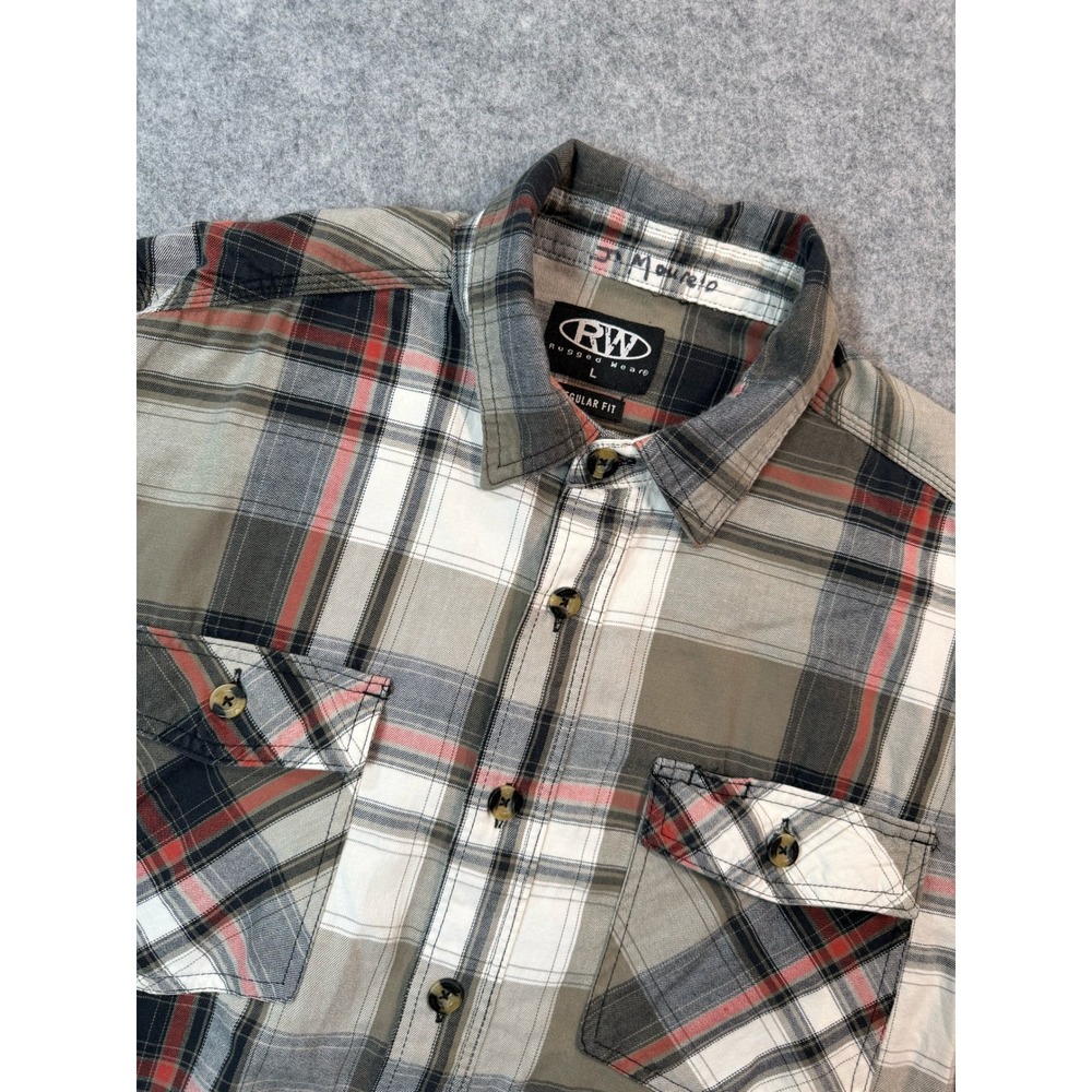 Rugged Wear Mens Plaid Short Sleeve Button Down Shirt Large Olive Green Workwear